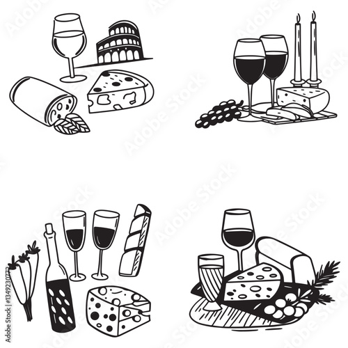 chalk food vector illustrations. wedding dinner icons, wine or champagne glass, cheese, and charcuterie drawings for wedding invitations, cafe menus, and parties.