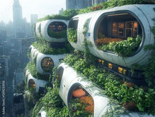 Eco-Futuristic Habitat: Lush Greenery Enveloping Sustainable Capsule Apartments in a Dystopian Metropolis, Blending Nature and Modern Architecture harmoniously.