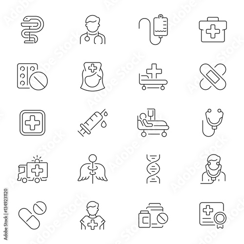 Medicine healthcare vector outline icon set. Medical treatment and hospital icons