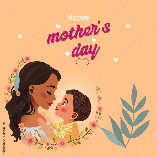 Charming Mother's Day Illustration, A Mother and Child in a Loving Pose with Floral Decor and a Pastel Background, Great for Digital Art, Greeting Cards, and Celebration Graphics.