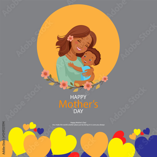 Charming Mother's Day Design Depicting a Tender Moment Between Mother and Child, Enhanced with Floral Elements and Hearts – Perfect for Celebration Banners and Prints.