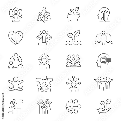 Mental health and psychology healthcare vector outline icon set. Therapy and emotional well-being icons