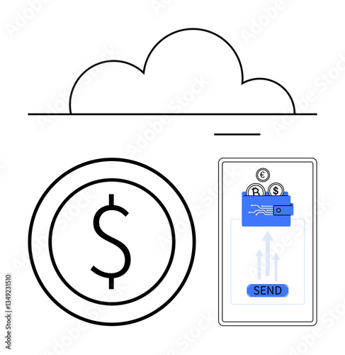 Mobile phone sending money via a virtual wallet, dollar icon, and cloud. Ideal for fintech, digital payment, e-commerce, savings, transfer, online transactions flat simple metaphor