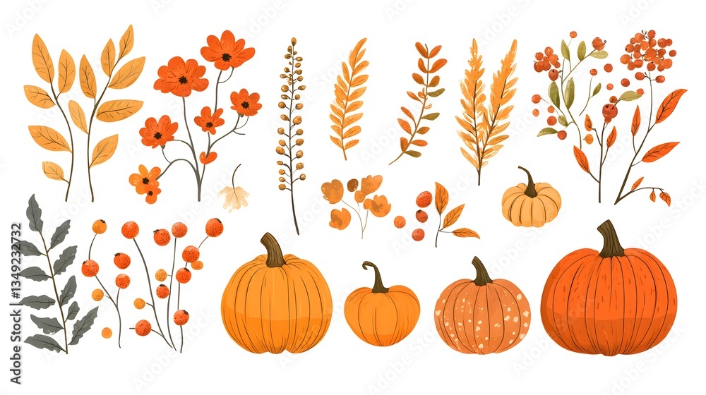 Naklejka premium Professional Set of Autumn Garden Plants Including Pumpkins and Autumn Flowers