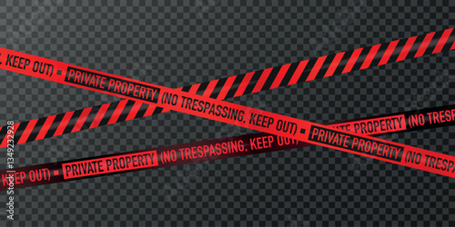 Red warning tape, private property, no trespassing, keep out, black stripes, transparent background.