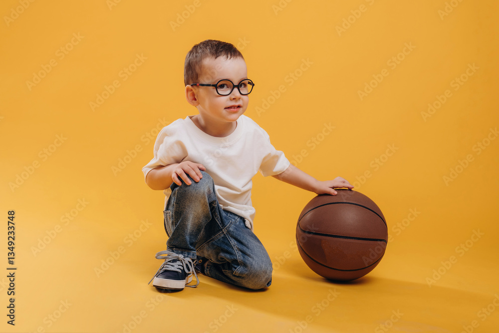 Sports of basketball, with ball. Cute little boy is against yellow background Sports of basketball, with ball. Cute little boy is against yellow background