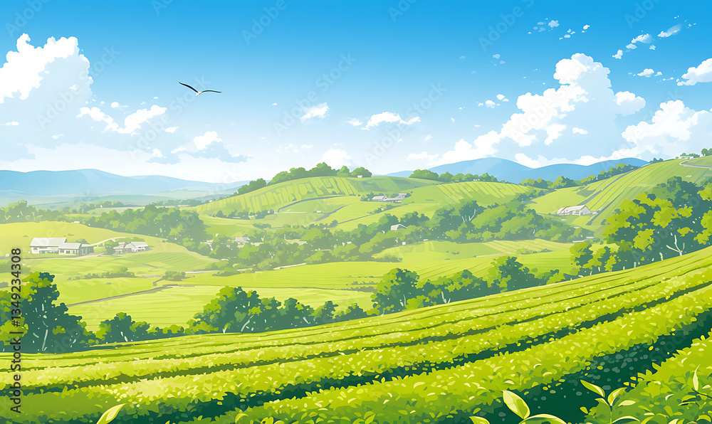 Fototapeta premium Illustration of matcha tea leaves, harvesting, processing, traditional tools, tea ceremonies, matcha beverages, desserts, and green tea plantations on a white background.