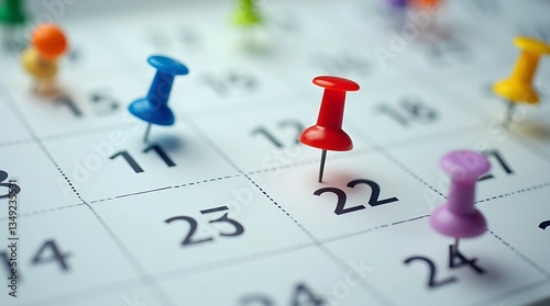 Close-up of a calendar with colorful pins marking important dates, including a blue pin on the 15th and a red pin on the 8th. Planning & reminder concept.
