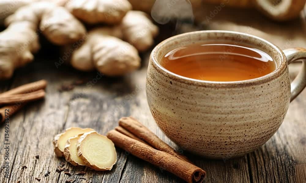 A rustic teacup filled with golden tea, ginger slices, cinnamon sticks, and whole ginger root. A rustic teacup filled with golden tea, ginger slices, cinnamon sticks, and whole ginger root.