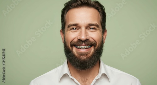 Smiling caucasian male adult with beard and braces on green background