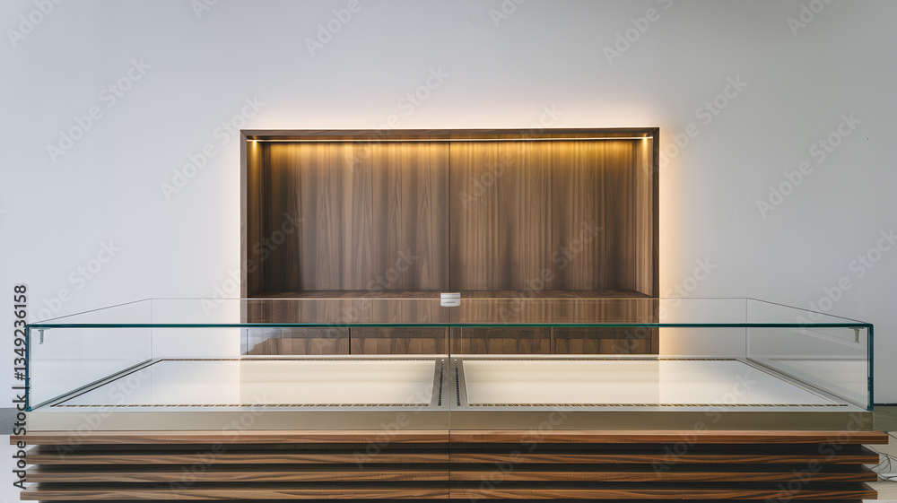 Obraz premium Modern display case in a minimalist interior with warm lighting and wooden accents