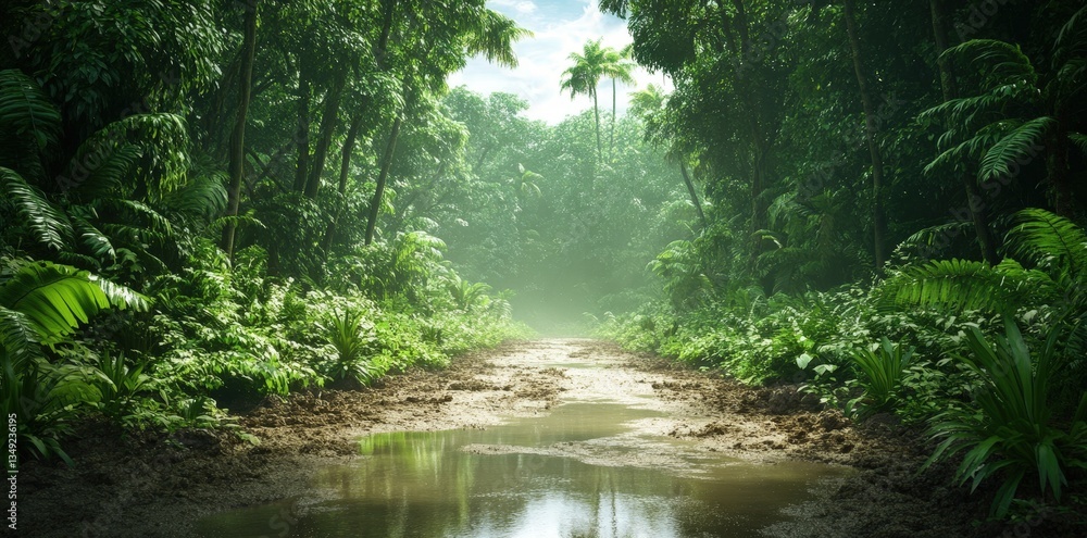 A serene jungle scene with lush greenery, tall trees, and a soft, misty atmosphere, inviting exploration and adventure. A serene jungle scene with lush greenery, tall trees, and a soft, misty atmosphere, inviting exploration and adventure.