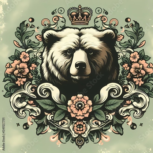 Bear with Crown Surrounded by Flowers in Vintage Style  