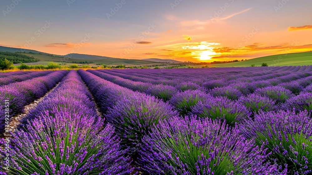 Obraz premium A vibrant lavender field in full bloom under a colorful sunset, with rows of purple flowers stretching into the distance. Concept Lavender Field, Colorful Sunset, Nature's Beauty, Scenic Landscape
