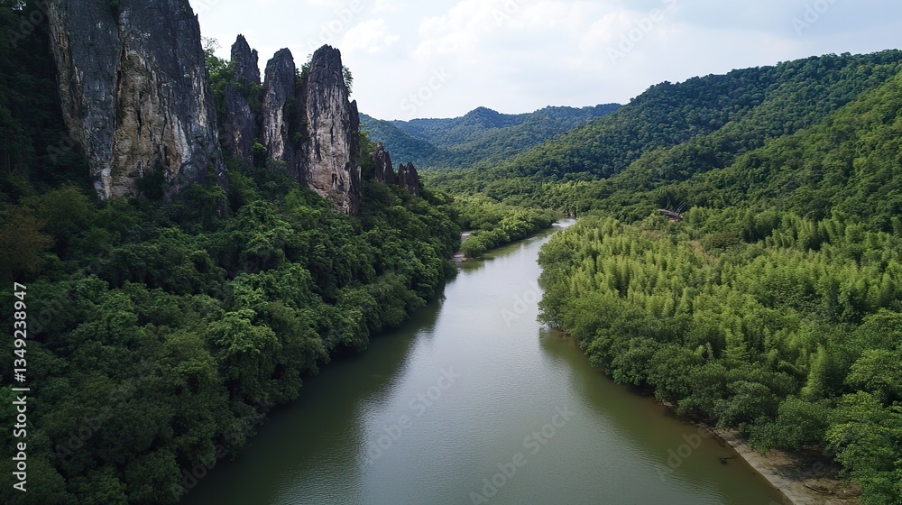 Aerial view of a wide river flanked by mangrove forests, with low flat mountains, green vegetation, rocks, clear sky and water reflecting in a charming, tranquil natural landscape. Aerial view of a wide river flanked by mangrove forests, with low flat mountains, green vegetation, rocks, clear sky and water reflecting in a charming, tranquil natural landscape.