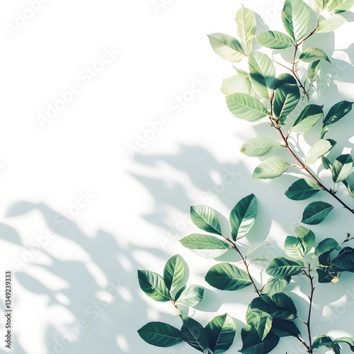 Elegant Green Leaves and Shadows on White Background Botanical Flatlay