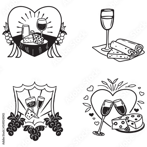 chalk food vector illustrations. wedding dinner icons, wine or champagne glass, cheese, and charcuterie drawings for wedding invitations, cafe menus, and parties.