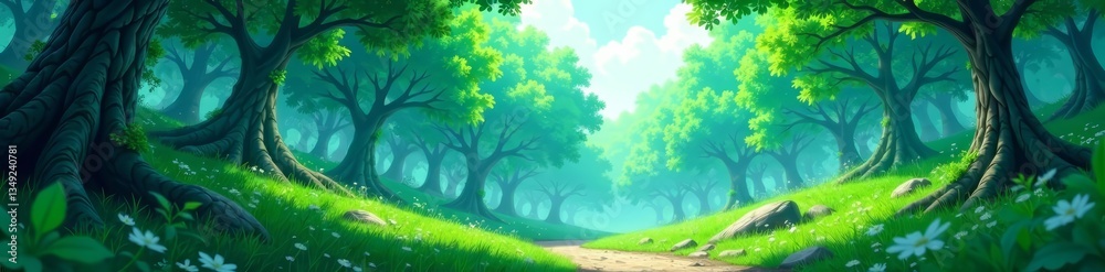 Fototapeta premium Lush green trees in a peaceful anime rock forest setting, plants, background, rocks