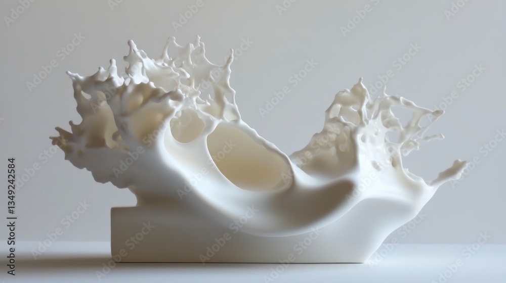 Abstract white sculptural form resembling a frozen wave or splash, resting on a rectangular base. Abstract white sculptural form resembling a frozen wave or splash, resting on a rectangular base.