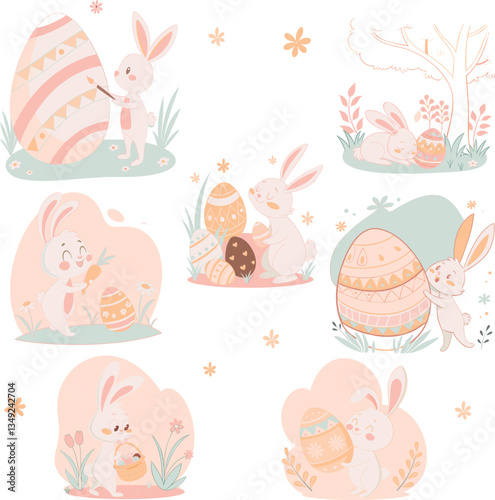 Un set de adorables conejos de Pascua con huevos en colores pastel, presentando 7 conejos blancos encantadores en tonos suaves y relajantes. Perfecto para diseños de primavera y proyectos digitales.