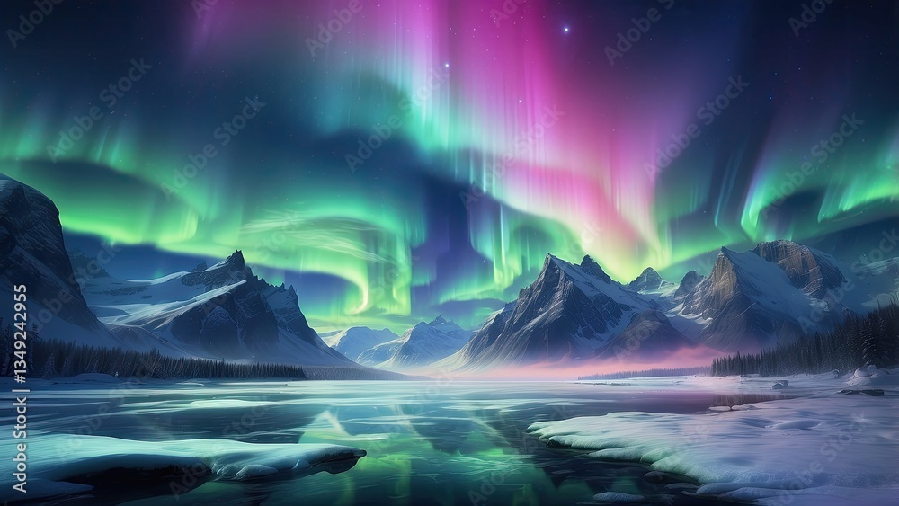 Fototapeta premium A stunning nighttime scene featuring the northern lights (aurora borealis) swirling in vibrant green hues against a starry sky.