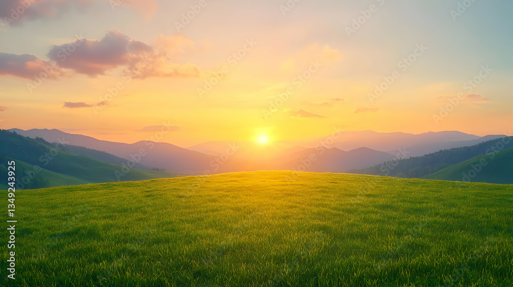 Obraz premium Serene Sunrise Over Rolling Hills with Vibrant Green Grass