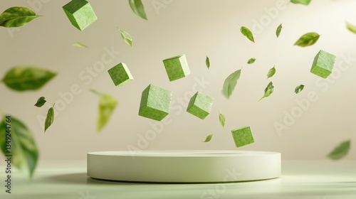 Floating green cubes and leaves on pastel podium.  Product display