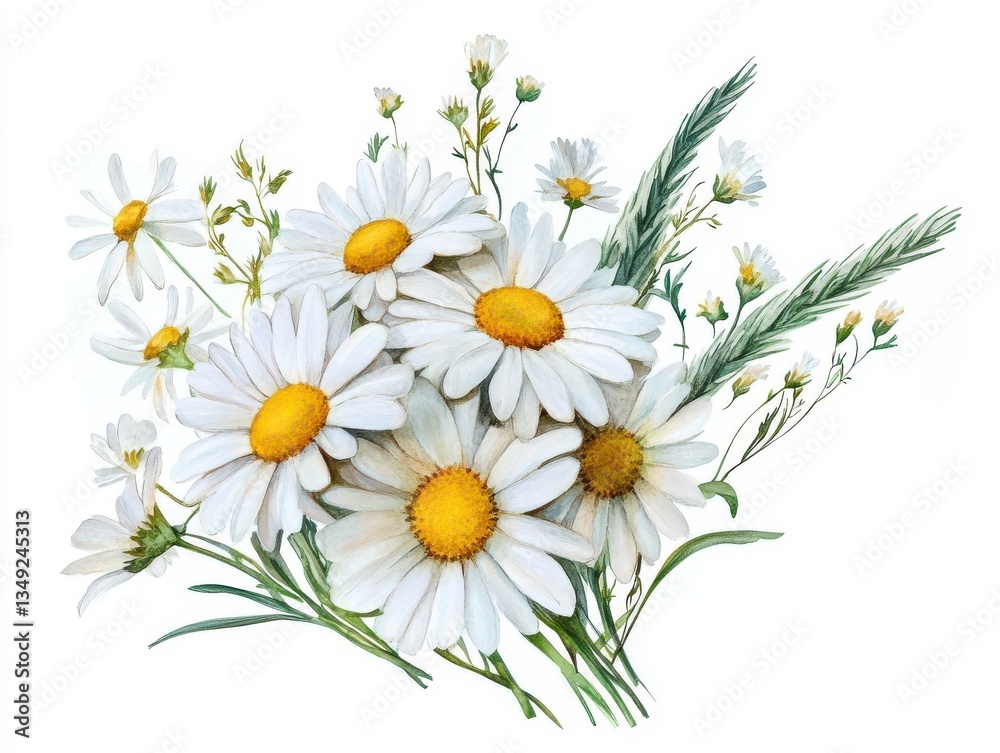 Obraz premium Watercolor Painting of White Daisies and Wheat Stalks