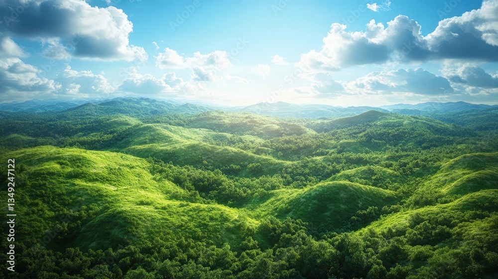 Fototapeta premium A breathtaking view of lush green hills under a bright blue sky with fluffy clouds, showcasing the beauty of nature.
