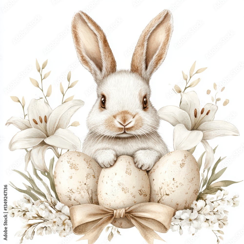 Obraz premium Watercolor cuter white Easter bunny with pastel colors eggs and white lilies isolated on white background