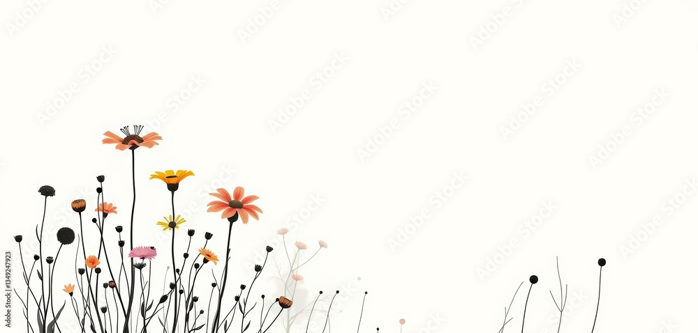 Minimalist vector wildflowers; abstract charcoal sketch, empty space, background, empty space Minimalist vector wildflowers; abstract charcoal sketch, empty space, background, empty space