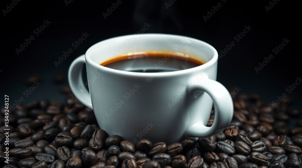 Black and white photograph of a white porcelain coffee cup and coffee beans Black and white photograph of a white porcelain coffee cup and coffee beans