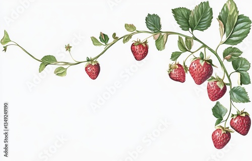 Curving Strawberry Vine with Ripe Red Berries and Green Leaves on White Background