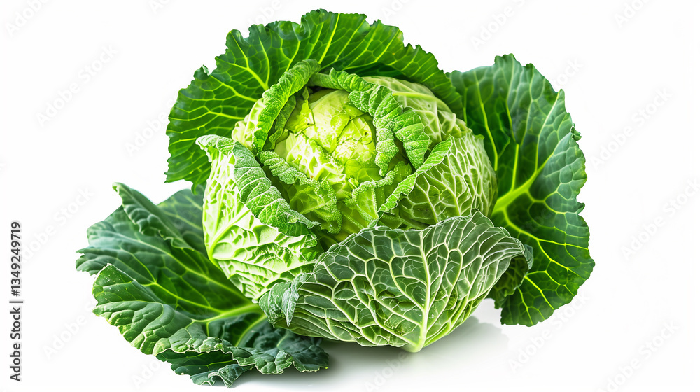 Obraz premium A large green cabbage is sitting on a white background. The cabbage is surrounded by green leaves, which give it a fresh and healthy appearance. Concept of vitality and nourishment