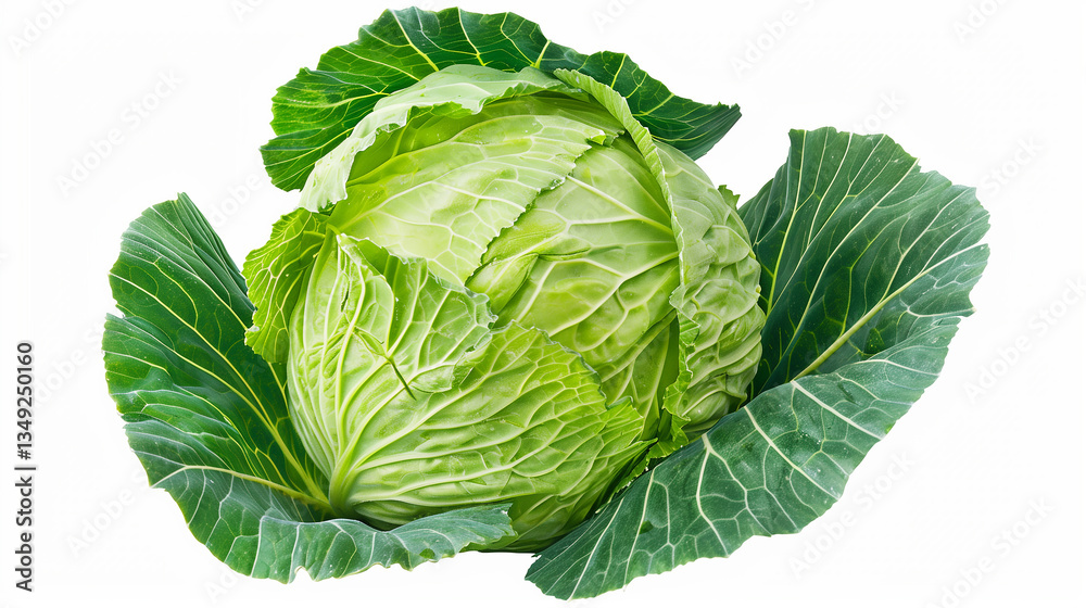 Obraz premium A large green cabbage is sitting on a white background. The cabbage is surrounded by green leaves, which give it a fresh and healthy appearance. Concept of vitality and nourishment