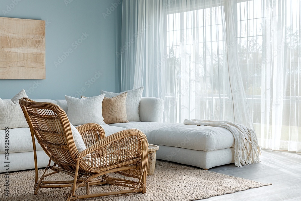 Fototapeta premium Minimalist Interior Photo of the interior living room, bright living room with sky blue walls and white curtains, sofa and armchair. Generative AI 