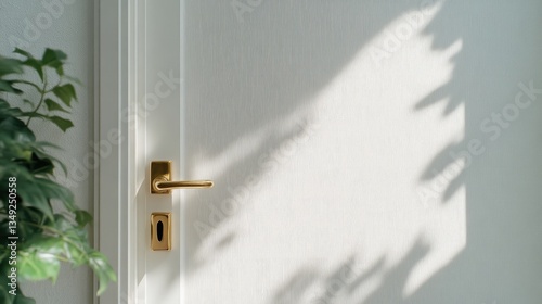 Sunlight casts a soft shadow on a clean, white door.  A simple, elegant interior door with a gold door handle. A small plant sits beside the door