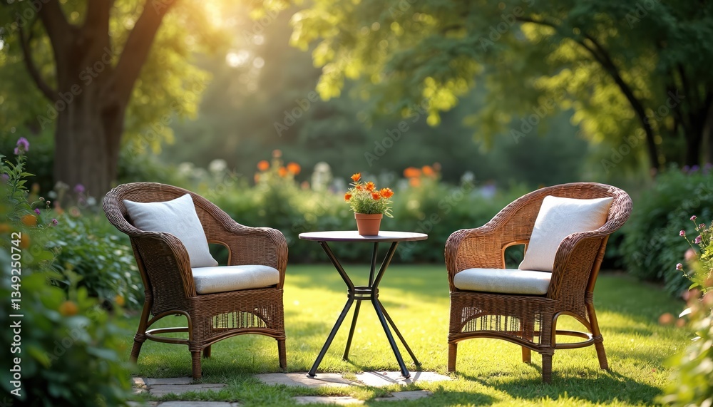Wicker chairs with pillows and round metal table in summer garden. Cozy outdoor seating area for rest and relaxation. Green grass, sunlight, flower pot decoration. Wicker chairs with pillows and round metal table in summer garden. Cozy outdoor seating area for rest and relaxation. Green grass, sunlight, flower pot decoration.