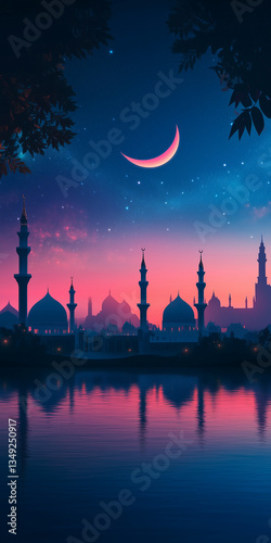 Mosque silhouette against the night sky, a landmark of urban religion