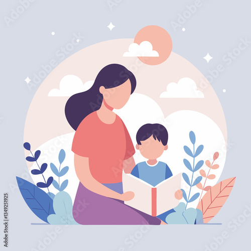 Illustration of a mother reading a book to her child in a garden setting vector art. Happy Mothers Day illustration..