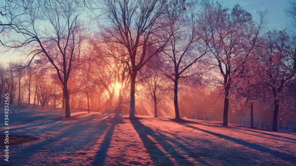 A serene landscape featuring trees silhouetted against a vibrant sunrise, casting long shadows on a frosty ground. A serene landscape featuring trees silhouetted against a vibrant sunrise, casting long shadows on a frosty ground.
