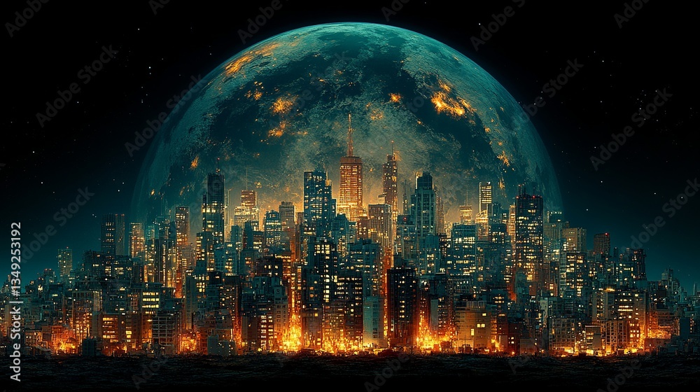 Fototapeta premium City Skyline Beneath a Large Detailed Lunar Sphere