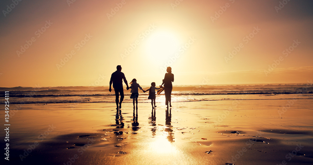 Fototapeta premium Sunset, family and holding hands at sea for vacation, walking and bonding together outdoor. Back, mother and father with children at beach with mockup space, travel or summer adventure with parents