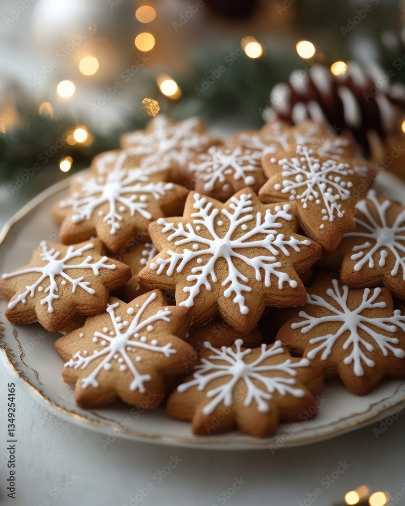 Delicate Snowflake Gingerbread Cookies Adorn A Plate, A Festive Treat For A Cozy Winter Evening, Illuminated By Warm, Soft Lighting Delicate Snowflake Gingerbread Cookies Adorn A Plate, A Festive Treat For A Cozy Winter Evening, Illuminated By Warm, Soft Lighting