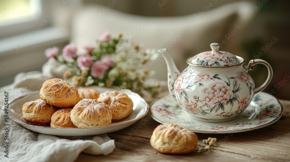 Cookies and floral teapot on rustic table. Cookies and floral teapot on rustic table.