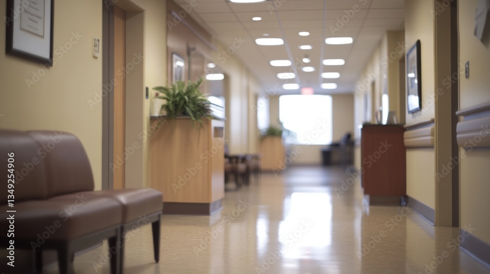 Empty hospital corridor with seating and natural light Empty hospital corridor with seating and natural light