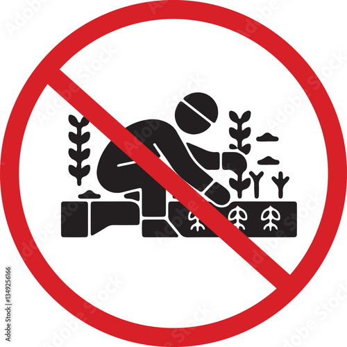 The illustration shows a red circle with a diagonal red line and a stick figure with a plant indicating that damaging or taking plants is prohibited