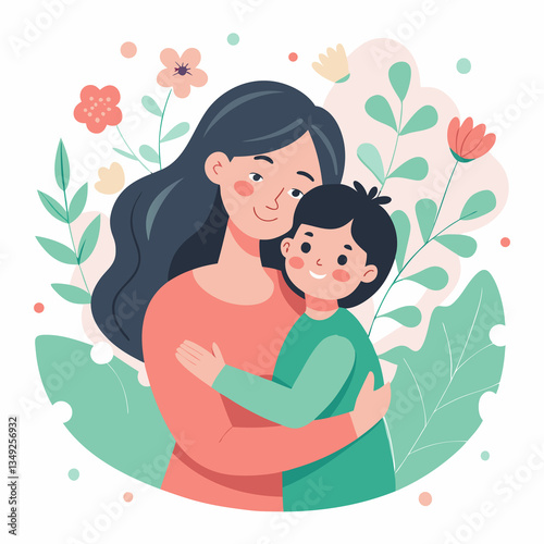 Mother and child hugging illustration vector design for family love and care concept. Happy Mothers Day illustration..