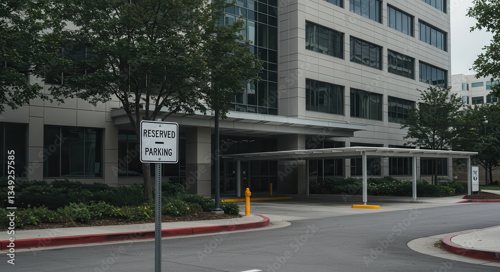 Reserved Parking Sign Near Modern Building with Covered Entrance Area Reserved Parking Sign Near Modern Building with Covered Entrance Area