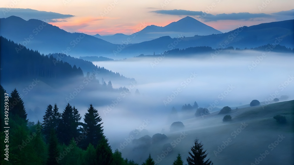 Obraz premium Misty mountain landscape background with soft fog